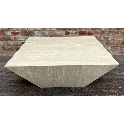 1191 - Mid-century Italian travertine coffee table, of stylised square tapered form, 40cm high x 100cm wide