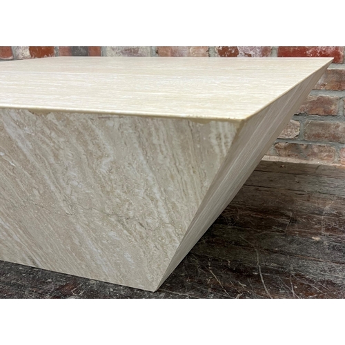 1191 - Mid-century Italian travertine coffee table, of stylised square tapered form, 40cm high x 100cm wide