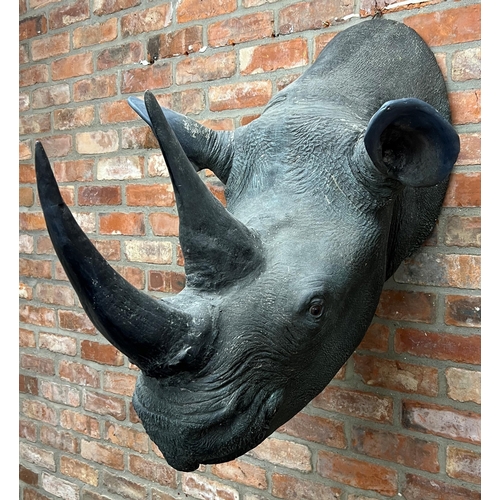 124 - Good quality large fibreglass replica rhinoceros head wall mount, with glass eyes, 94cm deep