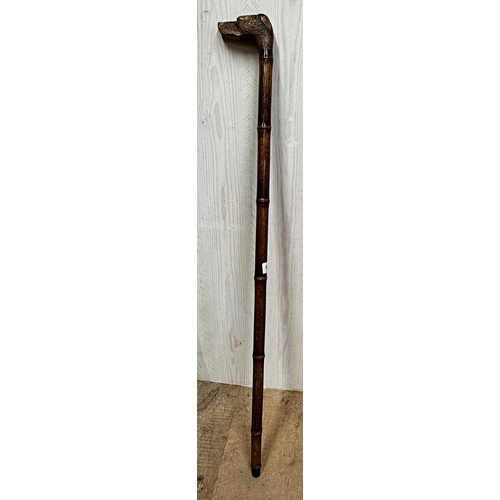 178 - Probably by Swaine & Adeney - Good quality hand carved walking stick with foxhound knop, glass eyes,... 