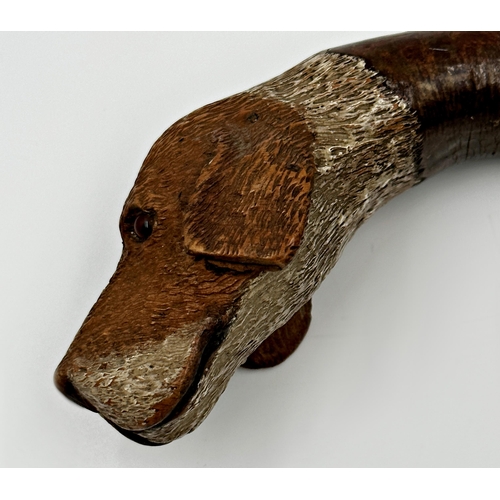 183 - Probably by Swaine & Adeney - Crook handled walking stick with carved foxhound knop, glass eyes, unm... 