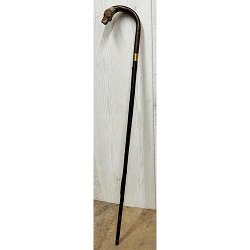 183 - Probably by Swaine & Adeney - Crook handled walking stick with carved foxhound knop, glass eyes, unm... 