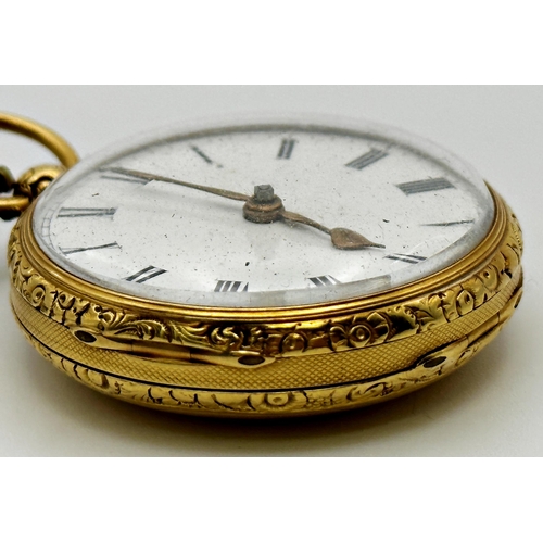 352 - A 19th century, 18ct gold pocket watch, the white enamel dial with Roman numerals, engine turned cas... 