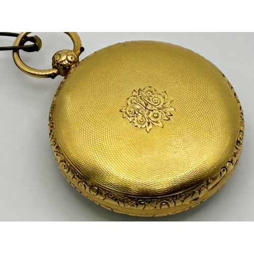 352 - A 19th century, 18ct gold pocket watch, the white enamel dial with Roman numerals, engine turned cas... 