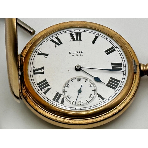 353 - A 19th Century, Elgin, USA gold plated pocket watch, the white enamel dial with Roman numerals and s... 