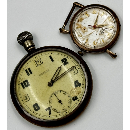 357 - Vintage gents 9ct watch, 21.1g approx gross (af), with a further Damas military pocket watch, furthe... 