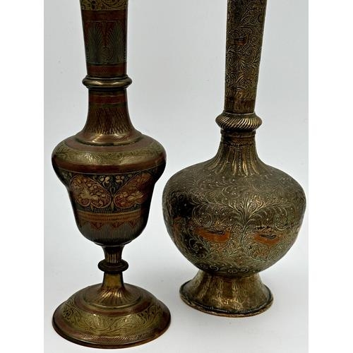 511 - Three pairs of Indian brass vases, all with relief decoration and pair with polychrome highlights, t... 