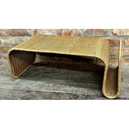 1194 - Probably by Tito Agnoli, Italian wicker coffee table with magazine rack, 79cm long x 30cm high