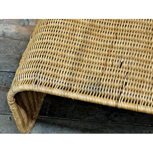 1194 - Probably by Tito Agnoli, Italian wicker coffee table with magazine rack, 79cm long x 30cm high