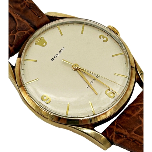 363 - Vintage 1960s gents Rolex Precision manual wind 9ct wristwatch, 35mm case, cream dial with gilt Arab... 