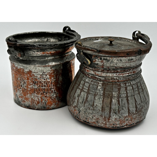 495 - Pair of Indian silvered copper pots, with hinged handles, 16cm high, with a further Inca treen bird ... 