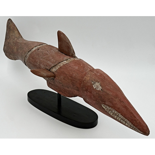 496 - Good carved wooden tribal Bozo fish, polychrome highlights, on stand, 76cm long