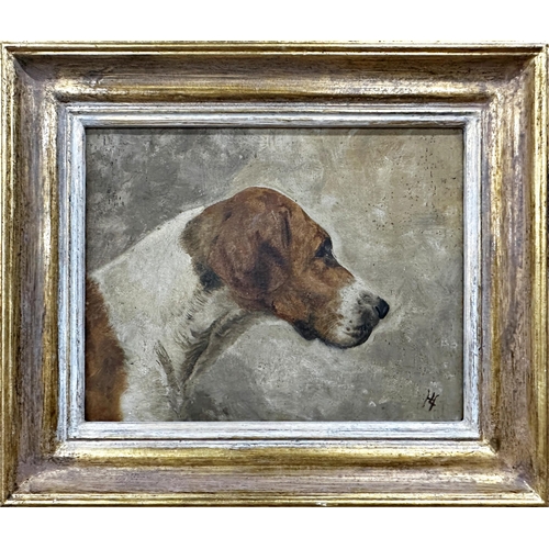 220 - In the manner of John Emms (1844-1912) - bust portrait of a foxhound, indistinctly monogrammed, oil ... 