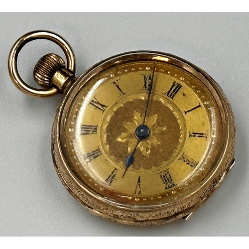 341 - A 14K gold pocket watch, gilt metal dial with Roman numerals, engraved floral motif and central cart... 