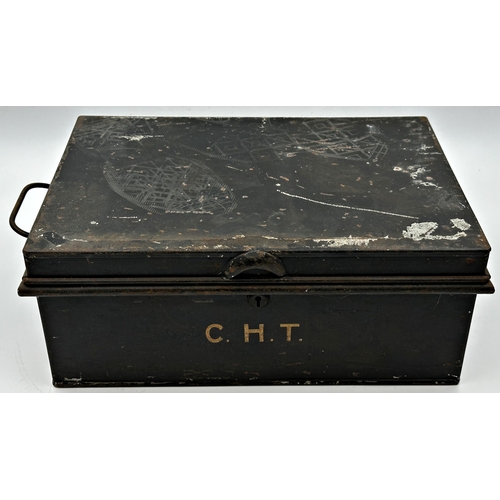 591 - Antique toleware deed box, 16cm high x 40cm wide with a further similar cash tin with fitted interio... 