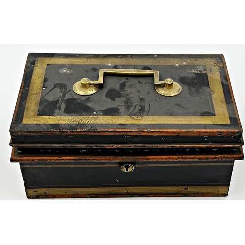 591 - Antique toleware deed box, 16cm high x 40cm wide with a further similar cash tin with fitted interio... 