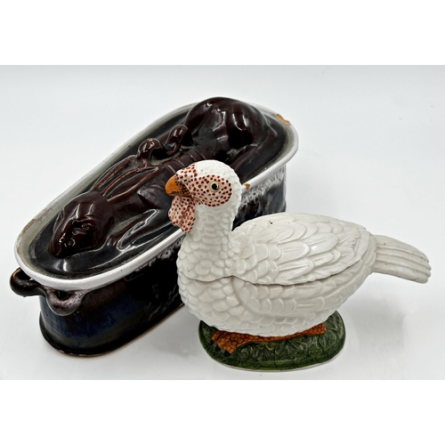 456 - Three Portuguese Casa Pupo duck tureens, with a similar turkey tureen and a further glazed terracott... 