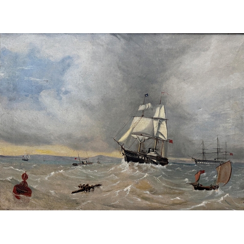 1384 - 19th century school - marine scene with boats on choppy waters off the cost of The Isle Of Wight, un... 