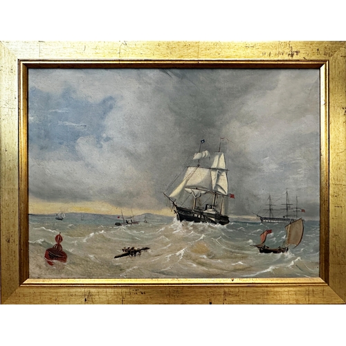 1384 - 19th century school - marine scene with boats on choppy waters off the cost of The Isle Of Wight, un... 