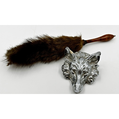 233 - Taxidermy - Fox tail duster, with good turned handle, 40m long with a further vintage chrome fox hea... 