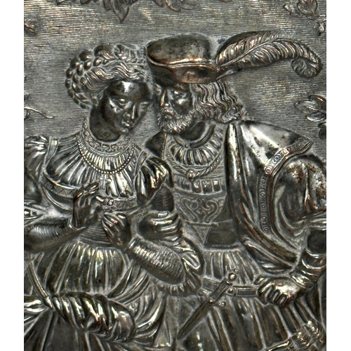 259 - Good Sheffield plated repousse panel of a romantic scene, 27 x 20cm, framed