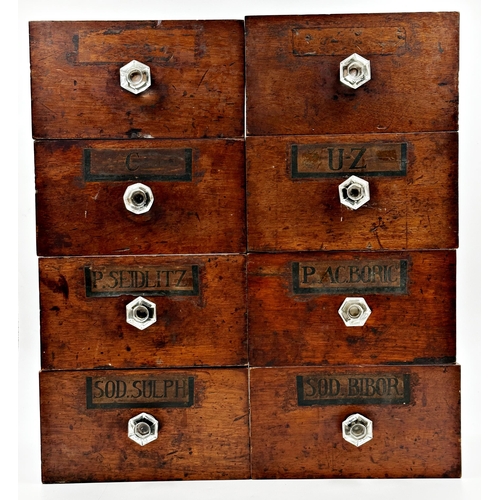 551 - Set of eight 19th century apothecary drawers, with original labels and glass knobs, 13cm high x 25cm... 