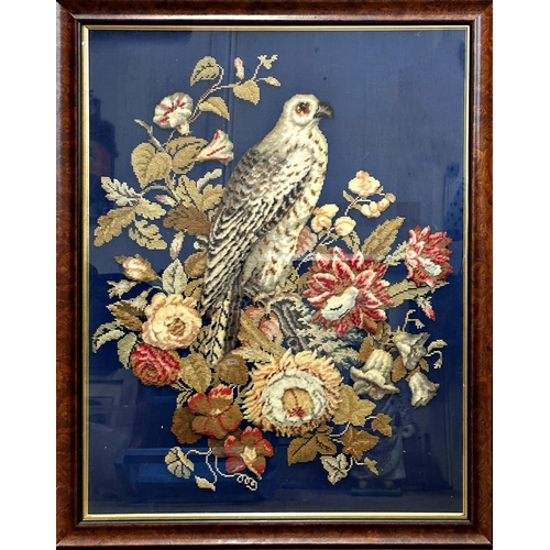 1397 - Good quality 19th century woolwork and stumpwork picture of a falcon sat on a floral stump, 82 x 61c... 