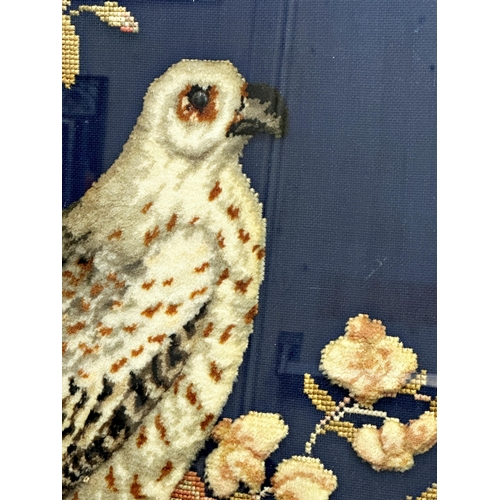 1397 - Good quality 19th century woolwork and stumpwork picture of a falcon sat on a floral stump, 82 x 61c... 