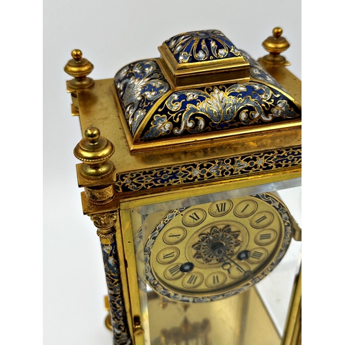 375 - Good quality French gilt metal and cloisonné four glass clock, with twin train gilt dial with Roman ... 