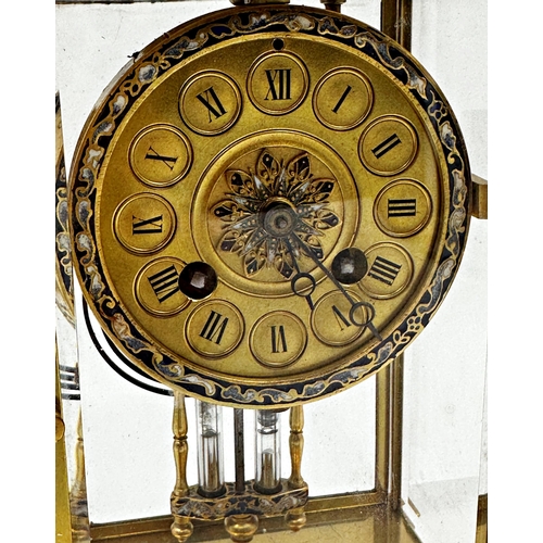 375 - Good quality French gilt metal and cloisonné four glass clock, with twin train gilt dial with Roman ... 