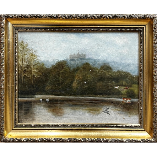 236 - 19th century school - primitive rural lakeside landscape with a castle and hunt scene in the backgro... 