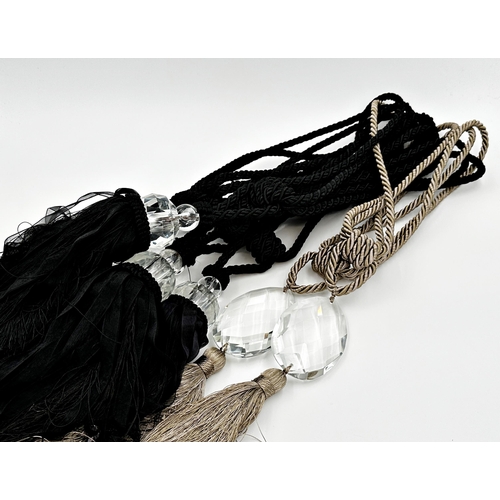 1391 - Three pairs of black rope twist curtain ties with prismatic glass weights and a further gold pair (8... 