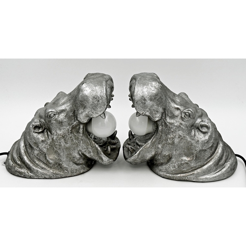 1096 - Pair of novelty wall lights in the form of silvered hippo masks, 23cm deep with a further monkey des... 