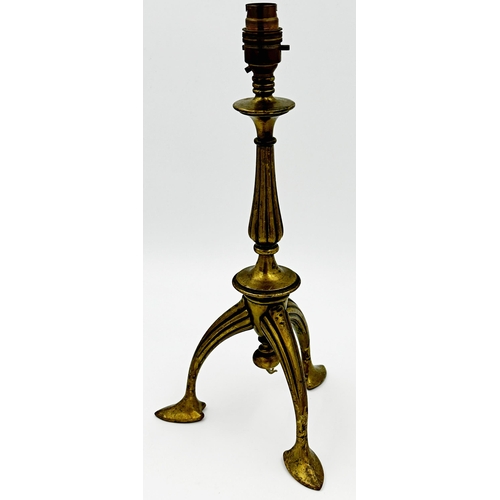 1097 - Probably by WAS Benson - brass table lamp, with fluted column and legs on club feet, 41cm high