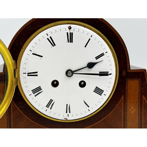 376 - Edwardian mahogany and boxwood inlaid Napoleon Hat mantle clock, twin train French drumhead movement... 