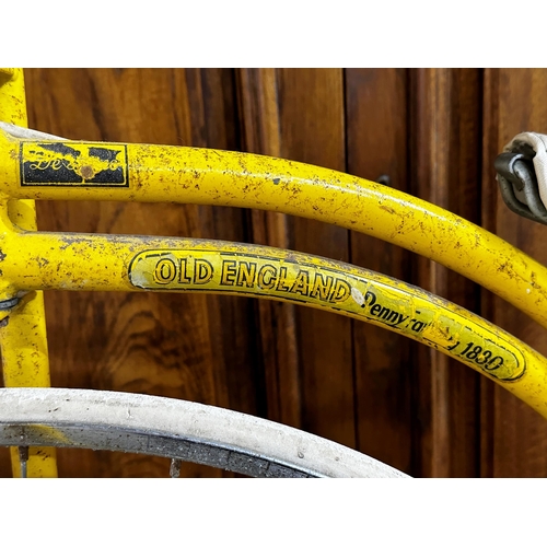 3 - Monaco Old England Penny Farthing Bicycle - yellow tubular steel frame, steel rims with white solid ... 