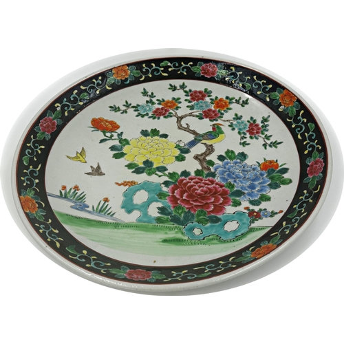 493 - Large Chinese Famille Vert porcelain charger, decorated with birds and flowers, 46cm diameter