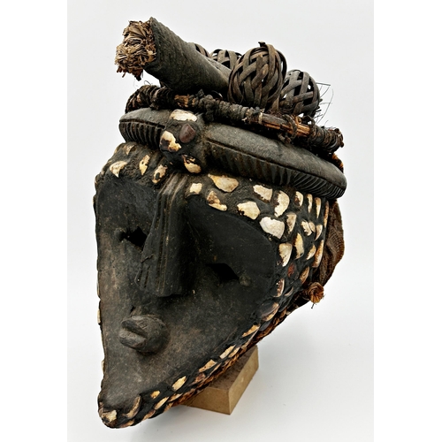 494 - 1930s West African full tribal headdress from the Gabon, inlaid with shells and woven details, 38cm ... 