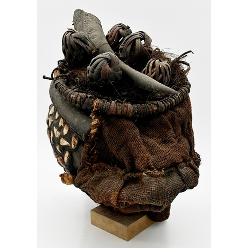 494 - 1930s West African full tribal headdress from the Gabon, inlaid with shells and woven details, 38cm ... 