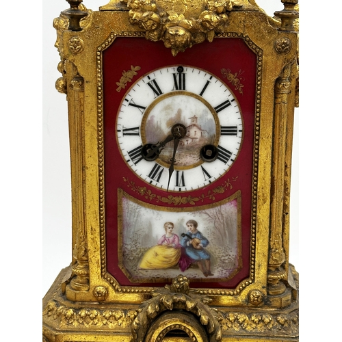 372 - Good quality French ormolu and Sevres porcelain garniture clock, decorated with a romantic scene and... 