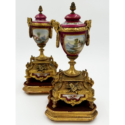 372 - Good quality French ormolu and Sevres porcelain garniture clock, decorated with a romantic scene and... 