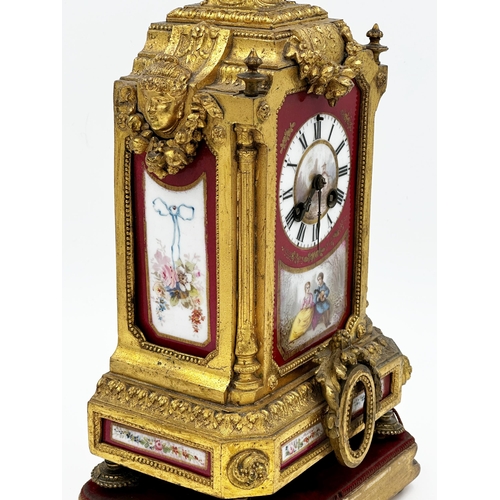 372 - Good quality French ormolu and Sevres porcelain garniture clock, decorated with a romantic scene and... 