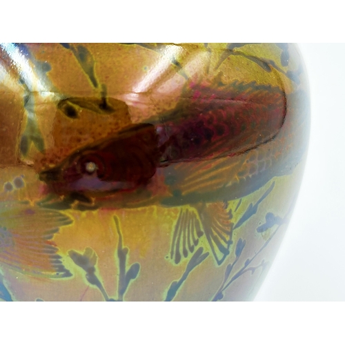 436 - Richard Joyce for Royal Lancastrian Pottery lustre baluster vase, decorated with fish amidst reeds, ... 