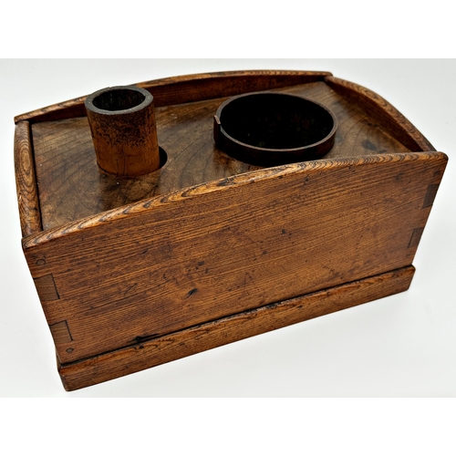 499 - Antique Japanese elm Tobakabon box, complete with pestle and mortar type tools, 36cm long