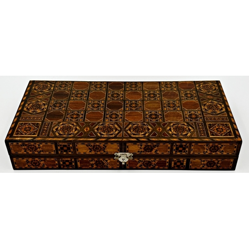 549 - Early 20th century parquetry games box, with parquetry counters, 41cm long