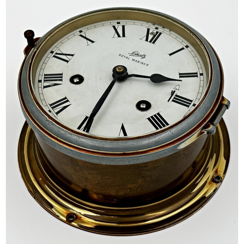 383 - Schatz 'Royal Mariner' brass bulkhead clock, twin train enamel dial with alarm, 17cm diameter