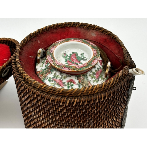 507 - 19th century Chinese Canton famille rose porcelain teapot, painted with figures, birds and butterfli... 