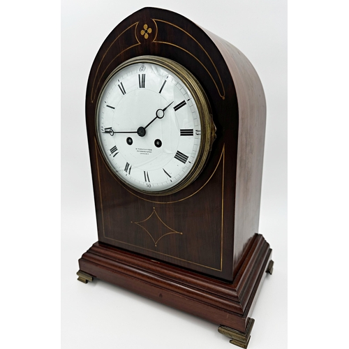 384 - Birch and Gaydon of London boxwood inlaid mahogany lancet clock, twin train convex enamel dial with ... 