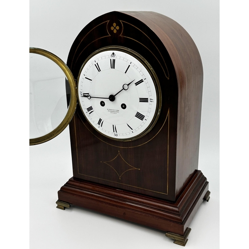 384 - Birch and Gaydon of London boxwood inlaid mahogany lancet clock, twin train convex enamel dial with ... 