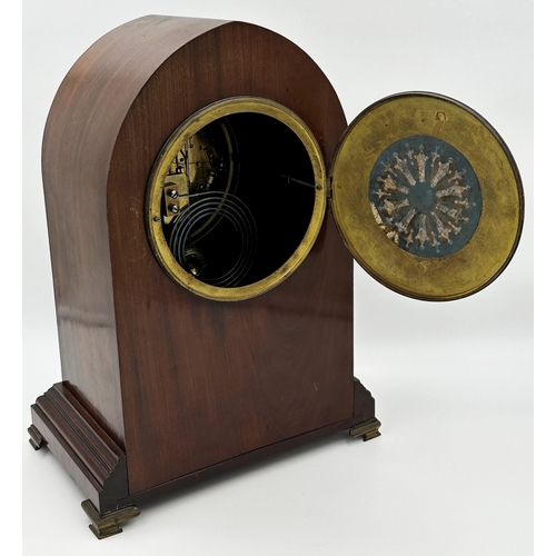 384 - Birch and Gaydon of London boxwood inlaid mahogany lancet clock, twin train convex enamel dial with ... 